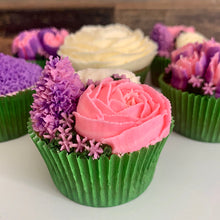 Load image into Gallery viewer, Bright Purple, Pink, and White Flower Cupcakes

