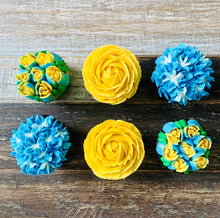 Load image into Gallery viewer, Blue and Yellow Flower Cupcakes
